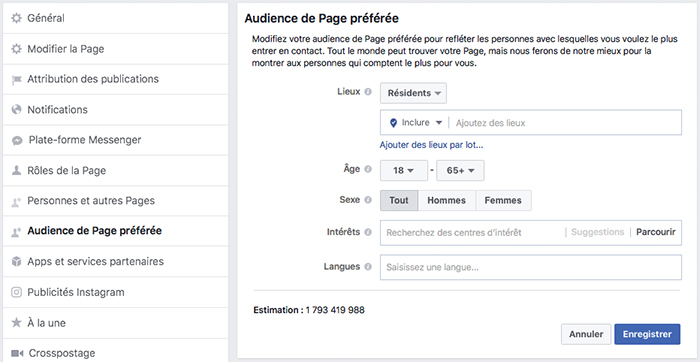 Réglages proposés par Facebook pour mieux cibler l'audience de sa page.