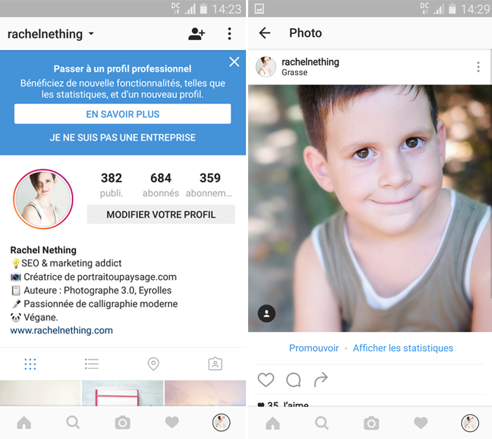 Capture écran Instagram pour passer en profil professionnel