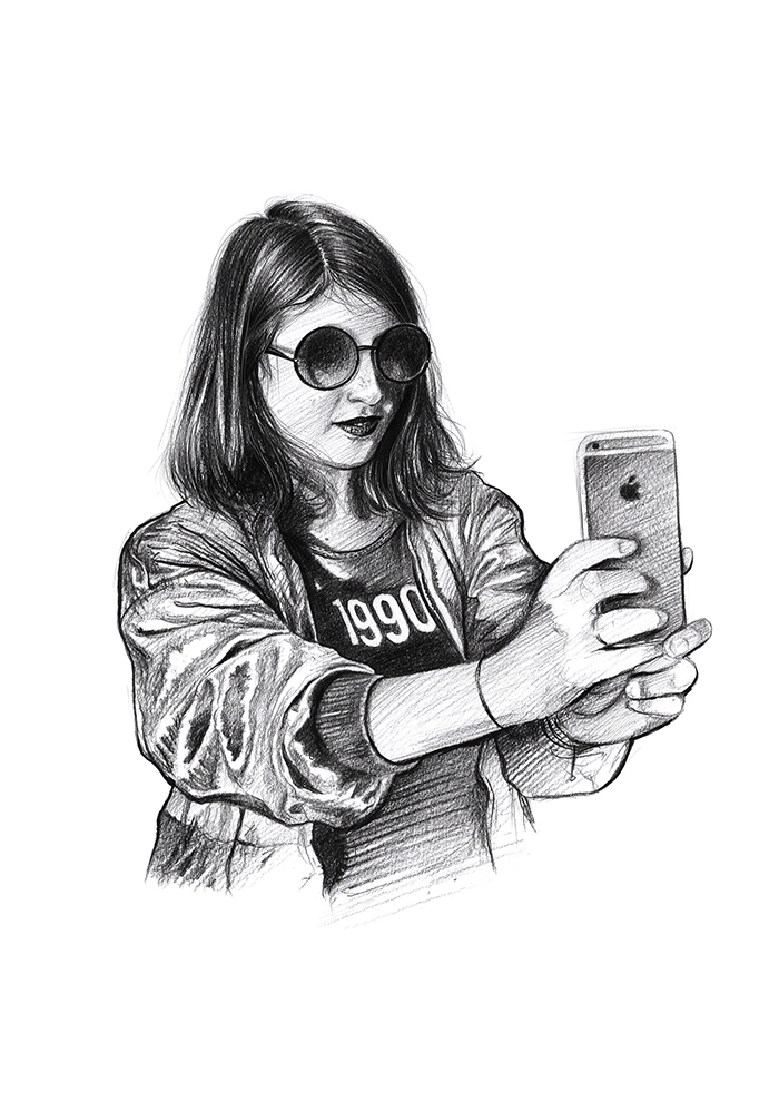 Dessin au crayon sur le thème des années 90 - selfie 