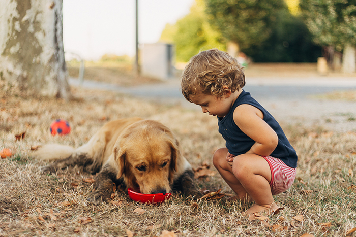 Un enfant près de son labrador en train de manger. Photo issue de l'interview de Carine, photographe et voyageuse